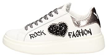Ynot Y Not? Sneaker mit Aufdruck Fashion Rock und Patch Seitlicher Schmuck aus Leder Weiß Damen Mädchen, Weiß, 38 EU