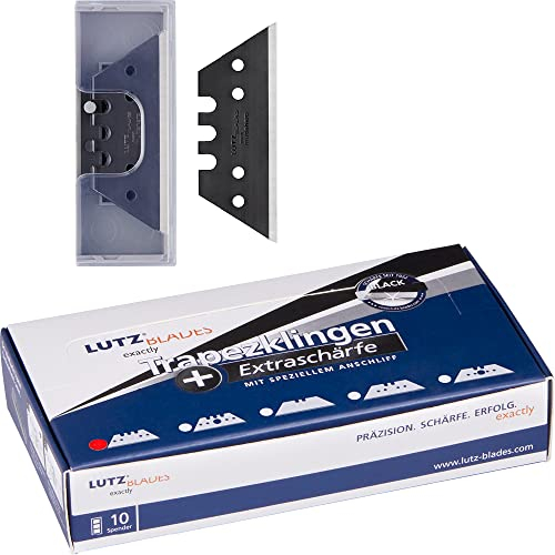 LUTZ BLADES Profi Trapezklingen schwarz, für Cuttermesser 18mm 0,5mm stark, 100 Klingen in 10er Spendern, extra scharfe Ersatzklingen für Teppichmesser, Folienmesser, Lederarbeiten, nasse Tapeten