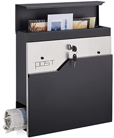 Relaxdays Briefkasten mit Zeitungsfach, modern, abschließbar, Postbox HxBxT: 37 x 37 x 11 cm, Stahl, schwarz/silber