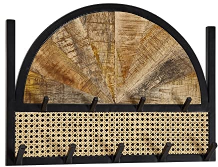 FineBuy Wandgarderobe Mango Massivholz/Rattan 53x40x7,5 cm Design Flurgarderobe, Hakenleiste Wiener Geflecht, Wandpaneel Metall, Garderobe Wand, Garderobenleiste Flur