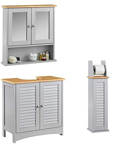 Atlanta 3-Piece Bathroom Furniture Set Grey- Under Sink Free Standing Storage Cabinet, Beside Toilet Paper Roll Holder & Wall Mounted Medicine Cabinet with Doors & Open Shelf - Grey