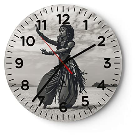 Modern Wanduhr Tänzer Folk Oriental 40x40cm Rund Groß Wand Uhr Glas Analog Zimmeruhren Küche Büro Wohnzimmer Glasuhr Wall Clock Dekoration Design Wanddekoration Küchenuhr C4AR40x40-4445