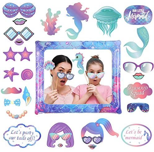 POPOYU 30 Stück Meerjungfrau Fotorahmen-Set mit Meerjungfrau Photo Booth Requisiten,Mermaid Bastelset BilderrahmenMeerjungfrau Fotobox Accessoires für Geburtstag Mermaid Party Aufblasbare
