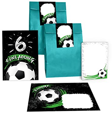 12 Einladungskarten zum 6. Kindergeburtstag sechste Geburtstag Jungen Fussball Fußball incl. 12 Umschläge, 12 Tüten/petrol, 12 Aufkleber, 12 Blöcke