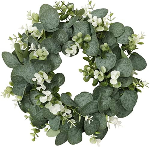 HAOSHCIS Corona artificiale di eucalipto con fiori finti foglie verdi corona di eucalipto per porta d'ingresso da parete festival, celebrazione camino, finestra decorazione per feste (D)