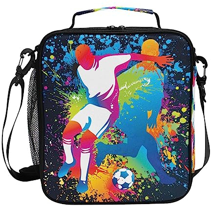 Lunch Bags for Kids Boys Girls Toddler, Football Players with Soccer Reusable Insulated Lunch Box, Lunch Cooler Bag Organizer with Adjustable Shoulder Strap