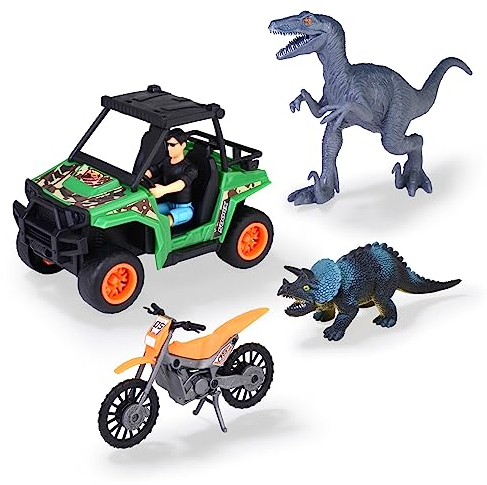 Dickie Toys - Spielzeugautos Dino Explorer - Dinosaurier Spielzeug mit 2 Fahrzeugen, 2 Dinosauriern & 1 Ranger-Figur, Spielzeug ab 3 Jahre