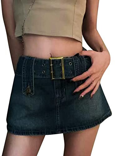 E-Girl Jeans-Minirock Mit Gürtel - Damen Schwarz Gothic Rock Kurz, Enge A-Linie Mit Tasche - Teenager Mädchen Y2k Sommerrock Denim-Skirt