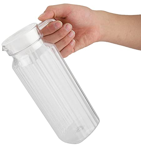 Piccola Brocca di Vetro con Coperchio, Bottiglia di Succo Trasparente in Acrilico a Strisce Brocca di Succo D'acqua Ghiacciata con Coperchio per Brocca D'acqua da Bar (1100 ml)