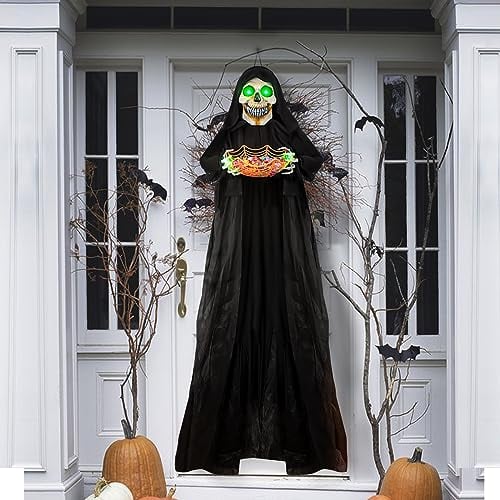 180,3 cm große Halloween-hängende animierte Skelett-Geisterdekoration mit Sound aktiviert, Süßigkeitenschale, leuchtende Augen, gruselige Geräusche für Halloween-Spukhaus-Requisite und