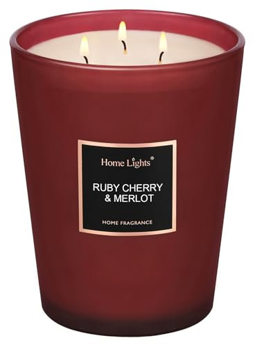 HomeLights Duftkerzen, 944 g, großes Glas, natürliche Soja-Kerzen, 3 Baumwolldochte, rauchfrei, langlebig, 130 Stunden, Aromatherapie-Kerze, Geschenk für Frauen und Männer, Rubin-Kirsche & Merlot