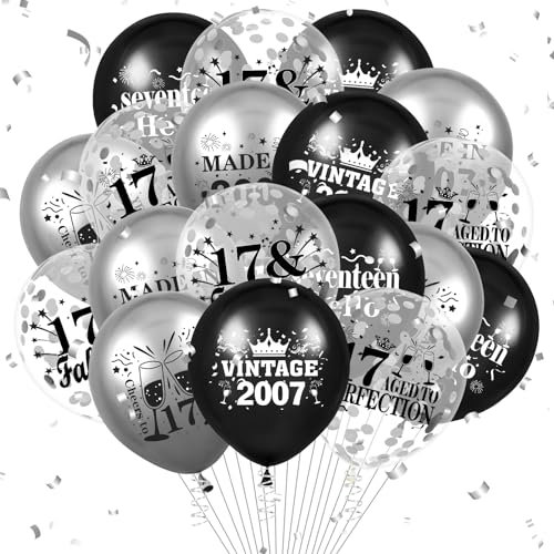 Rumia 17th Birthday Balloons Decorations 18pcs Black Silver VINTAGE 2007 Happy Party Latex Confetti for Kids Boys Girls Anniversary Supplies Decor 12 inches