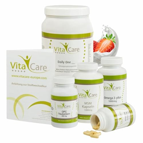 VitaCare 21-Tage Stoffwechsel-Kur Erdbeere, 6-teiliges Komplettpaket für HCG-Diät mit Proteinshake, MSM, Multivitamin Complex, Omega 3 plus & OPC