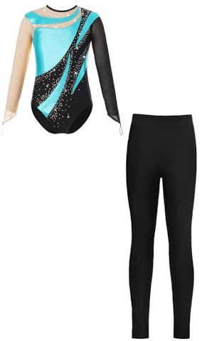 iEFiEL Mädchen Turnanzug Glitzer Gymnastik Leotard Langarm Akrobatik Anzug Tanzkostüme Turnbody Jumpsuit mit Sport Leggings Zd Blau Grün 122-128