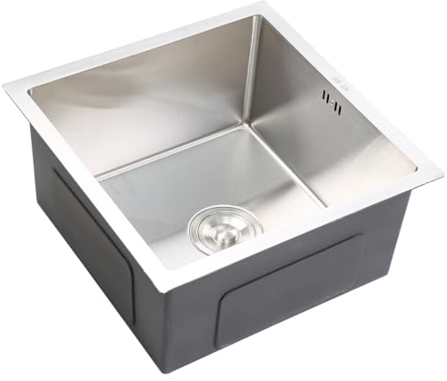 TRY-YEAN Fregadero de cocina de acero inoxidable SUS 304, 42 x 36 x 20cm, Fregadero de cocina de un seno, Empotrable con colador y desagüe, Empotrable, Plateado