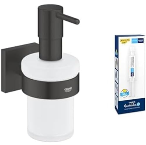 GROHE Start Cube - Seifenspender mit Halter- Set (Material: Glas/Metall, inkl. QuickGlue A1: Klebeset für einen Klebepunkt, verdeckte Befestigung), matt schwarz, 410982430