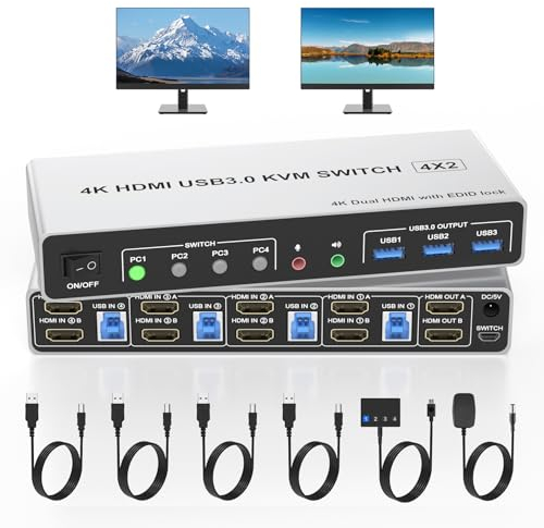 4K@60Hz HDMI USB 3.0 KVM Switch für 2 Monitore und 4 Computer - Unterstützt EDID, Dual Monitor mit Audioausgang und 3 USB 3.0 Ports