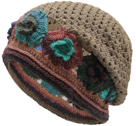 ZLYC Damen Sommer Strickmützen Handgemacht Häkelmütze Slouch Beanie Mütze(Bunte Blume Tan),Einheitsgröße