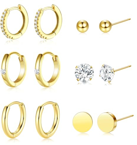 Dochais 6 Paar Gold Ohrringe Set, 14K Goldene Creolen Klein, Cz Kleine Kugel Chirurgenstahl Ohrstecker, Hypoallergene Silber Huggie Knorpel Ohrringe Stecker für Damen Herren