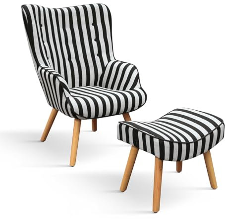 PAZZO DESIGN Poltrona Umbertino, Set Da 1, Bianco Nero, Poltrona Tessuto, Poltrona Relax, Poltrona Lettura, Poltrona Comoda, Gambe Legno, Con Poggiapiedi - id_2124