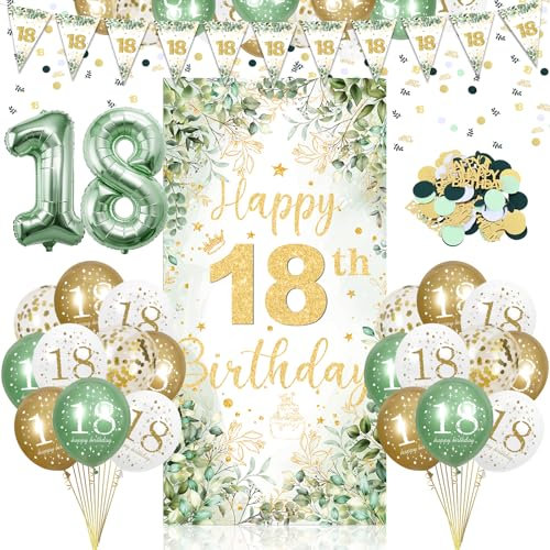 18th Birthday Party Decorations for Girls Boys, Sage Green Happy 18th Birthday Decorations Green Gold 18th Birthday Door Banner Number 18 Foil Balloons for 18 Year Old Birthday Party Decor Supplies