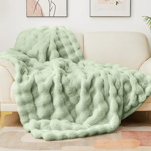 Latepis Kuscheldecke Flauschig Kunstfell 150x200 cm Grün Felldecke Flauschige Bubble Decke Dicke Kuscheldecke Sofadecke Kuschelig Wohndecke Plüschdecke Winter Decke Bett Schlafzimmer Sofa Kaninchen