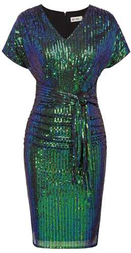 GRACE KARIN Pailletten-Partykleider für Damen, UK, glitzerndes V-Ausschnitt-Minikleid mit grünen Pailletten, L
