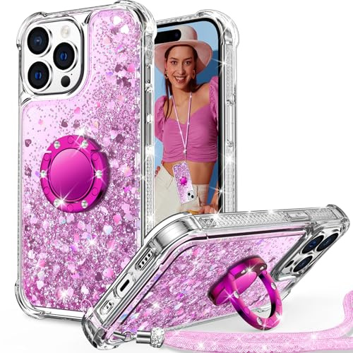 Unlicaku Glitter Case for iPhone 15 Pro Max, Ring Stand & Lanyard, Pink | Bling Sparkle Diamond Protective Phone Cover for Women Girls