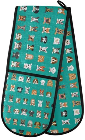 Double Oven Gloves Heat Resistant Cartoon Dog Design Double Oven Mitts Pot Holder Heat Protection Oven Gloves for Home Kitchen Baking Cooking BBQ Microwave
