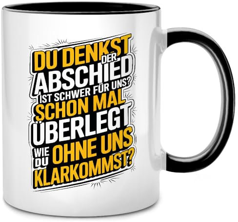 Seness Du denkst der Abschied ist schwer Tasse mit Spruch lustig, Abschiedsgeschenk Kollegen Jobwechsel, Abschied beste Kollegin Geschenk, Lieblingskollegin, Ruhestand Rente Rentner, Chef (Gelb)