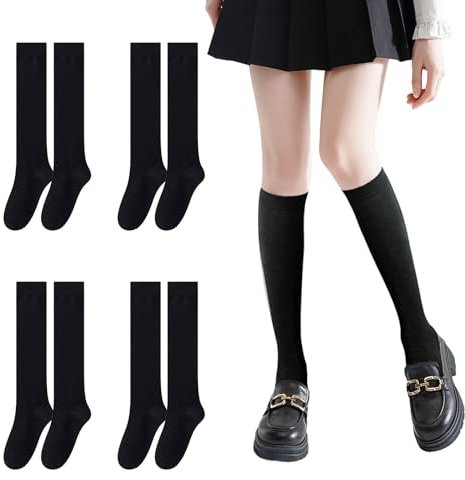 UILYNIU 4 Paia Calzettoni Donna in Cotone, Unisex Al Ginocchio, Invernali Lunghi, Traspiranti, Calzini da Donna, Retro Casual Socks, Calze Sportive (Nero)