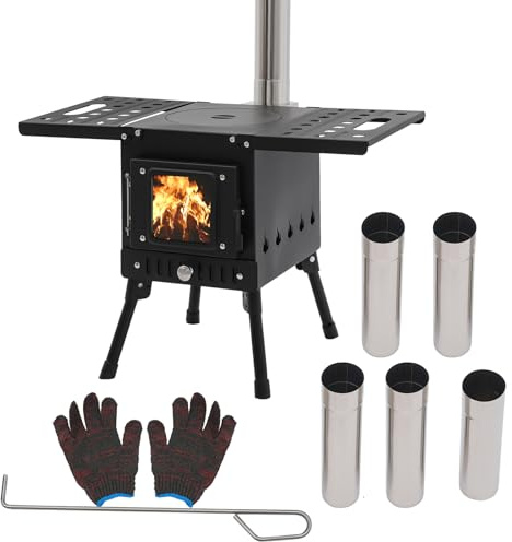Estufa de madera plegable para exteriores, estufa de camping con tubos de chimenea, estufa de jardín, estufa de exterior, estufa de camping, para pesca, camping, agua hirviendo, barbacoa, removedor de