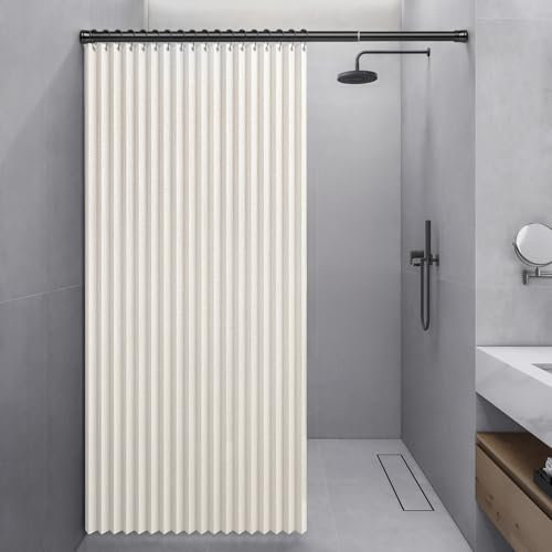 Momooda Tenda Doccia Impermeabile Pieghevole, Magnetic Sripe Antispruzzo, Chiusura Rapida, Tenda da Doccia in lino Antimuffa Resistente, Beige, 100x200cm