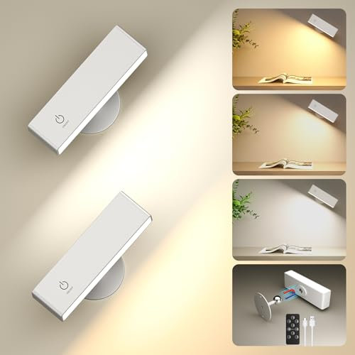 YiLaie Applique Murale Interieur 2PC, Lampe Murale Sans Fil avec Telecommande, 3 Températures, Batterie de 4000 mAh, Rotatifs 360° Lampe de Chevet Liseuse, Adapté à la Chambre à Coucher, au Salon