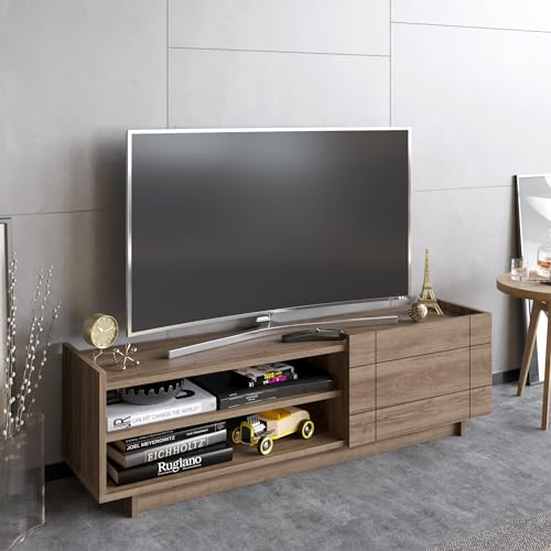 Hanah Home Stylish Walnut TV Stand, 140 cm | 100% Melamine Coated Particle Board, 18 mm Thick | Wall-Mountable, Multiple Shelves, Modern Design for Living Room