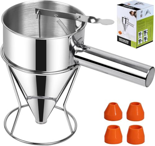 Frogetu Imbuto Dosatore,Dosatore Pancake,Imbuto Acciaio Inox,Dispenser per Torte con 4 Tramogne e Supporto,Dosatore per Impasti,Imbuto Cucina 1200ml per Pastella Takoyaki Pancake Cupcake Pastries