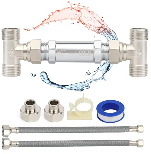 Kit de bomba de recirculación de agua caliente de acero inoxidable 304, válvula de sensor universal compatible con 596816, 367010, 595926, incluye líneas trenzadas de 2 x 12 pulgadas, 2 adaptadores