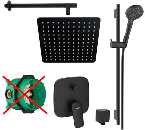 vanvilla Duschsystem mit Unterputz Duscharmatur von Hansgrohe Einhebelmischer und vanvilla Regendusche mit Armatur, Duschkopf eckig, Dusch-SET HGS53-ob schwarz matt beschichtet