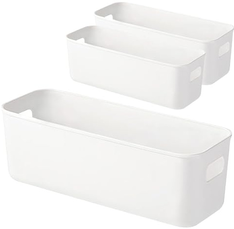 JLNGTHONG 3 pack Bathroom Storage Baskets, White Rectangle Bathroom Storage Box Kitchen Cupboard Organiser,for Bathroom, Kitchen, Shelves, Drawers, Playroom and Home, 27.5×10×9.5 cm ﻿