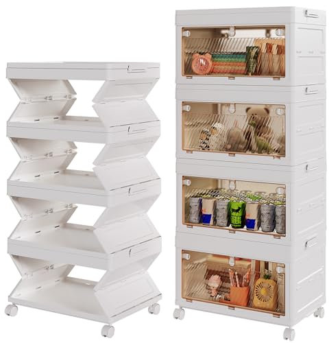 NEW Integrated Storage Boxes with Lid 60L*4 Tier One-Piece Design Plastic Storage Boxes, Flip-Door Foldable Stackable Bins with Wheels, Stackable Drawers Containers for Home Office Organisation