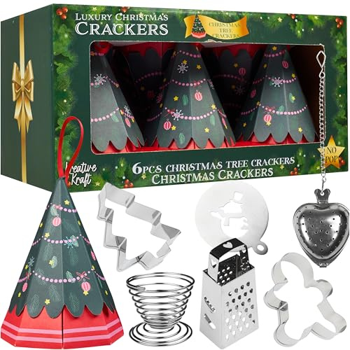 KreativeKraft Christmas Crackers with Themed Kitchen Gifts, Hats & Jokes, No Snap Luxury & Fun Party Favors & Table Decorations (Multi Tree)
