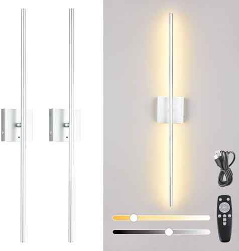 Battery Operated Wall Lights With Remote Control Set of 2,USB Rechargeable Wall Light Indoor 8000mah 3000K-6000K LED Dimmable Wireless Touch Wall Sconces,360° Rotation Wall Decor ,Brushed Nickel,80CM