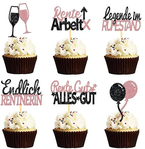 24 Stück Glitzer Rente Deko Cupcake Toppers, Ruhestand Deko Cake Toppers | Rose Gold Endlich Rente Kuchendeko, Pension Tortendeko für Rentner und Rentnerin Retirement Party