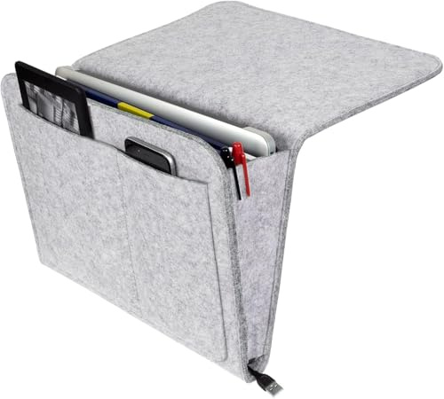 Nucalt Grau weiß Filz Betttasche, 20×32cm Betttasche zum Einhängen 5 Fächer Sofa Organizer Filz Nachttisch Tasche Anti-Rutsch Nachttisch Tasche für Buch Handy Brille Fernbedienung