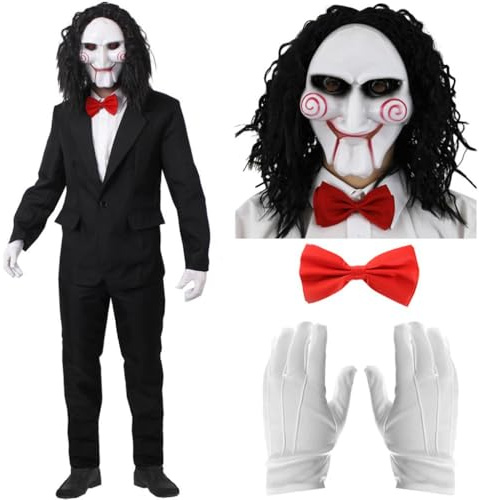 Adults Scary Puppet Costume – Black Suit, Mask, Wig, Gloves & Bowtie – Puzzle Game Horror Movie Halloween Outfit for Spooky Fancy Dress, Party & Cosplay