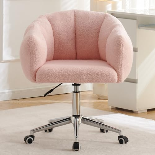 TRIOBLADE Boucle Desk Shell Back Vanity Chair with Wheels 360°Swivel Dressing Table Makeup Accent Chairs with Adjustable Height for Bedrooms Office Living Room Nail Women Girls (Pink)