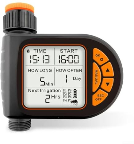 Temporizador de agua con controles digitales y retardo de lluvia para sistema de riego automático por aspersión y manguera en entornos de jardín