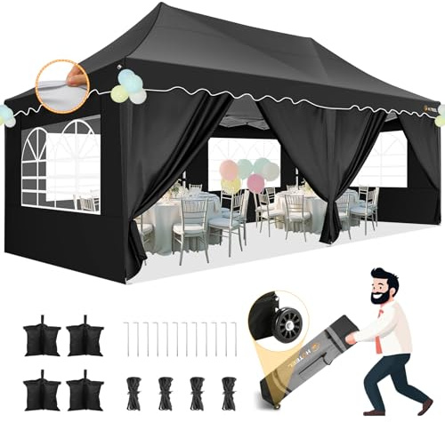 HOTEEL Faltpavillon 3x6 Wasserdicht Stabil mit 6 Seitenwänden (Schwarz) | Pop Up Pavillon Wellensaum, UV Schutz 50+ Verdicktem Rahmen, für Hochzeiten, Partyzelt, Terrasse mit Handtasche & 4 SandsäCke