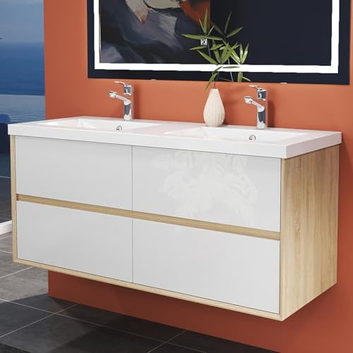 HAPAOSO Meuble de Salle de Bain avec Vasque Pierre Artificielle 120 cm. Blanc Plus Chêne Armoire de Stockage, 2 tiroirs
