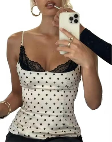 Barbotimer Women Lace Trim Satin Cami Top Y2K Polka Dot Spaghetti Strap Backless Hook Back Corset Crop Tops Silk Going Out Tops